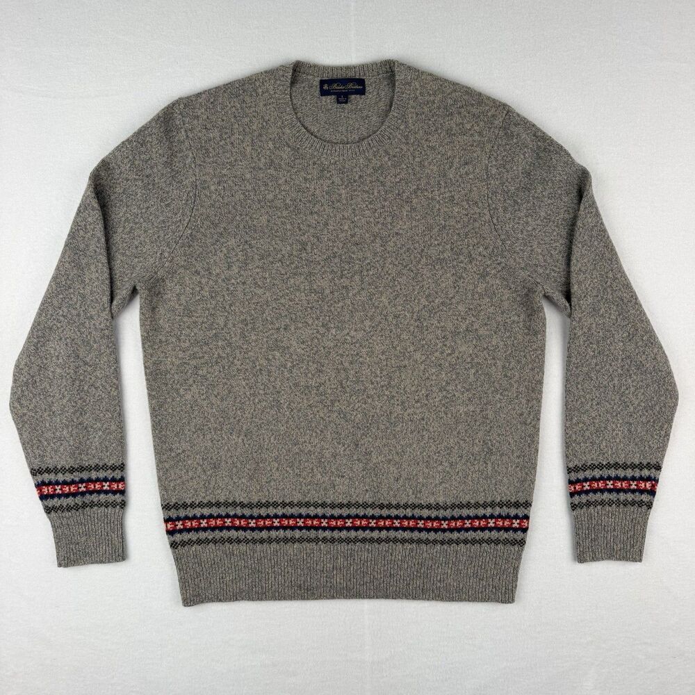 Brooks Brothers Sweater Mens Large Gray Merino Wool Fair Isle Trim Crewneck